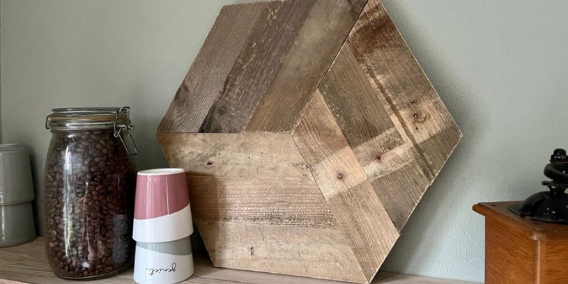 hexagon wanddecoratie oud hout